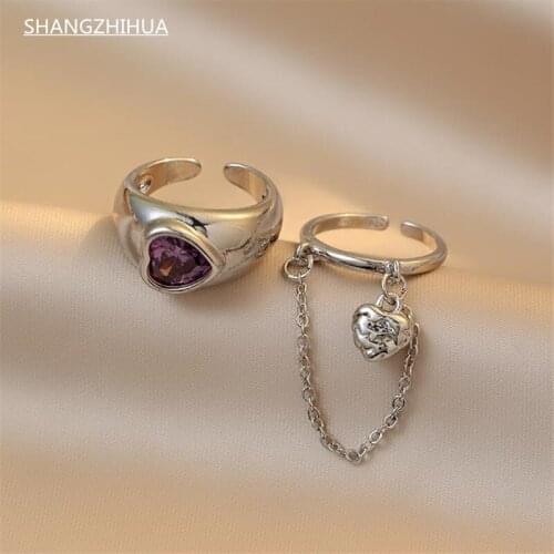 2021 Neo-Gothic Style Luxury Qurple Heart-shaped Zircon Ring for Women, a Sophisticated Sense of Unusual Jewelry Accessories