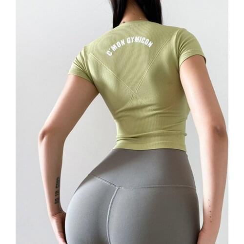 Seamless Fitness Short Sleeve Tops Womens Energy Yoga Shirts Letter Quick Dry Sports Shirts Women Gym Elastic Workout Crop Tops