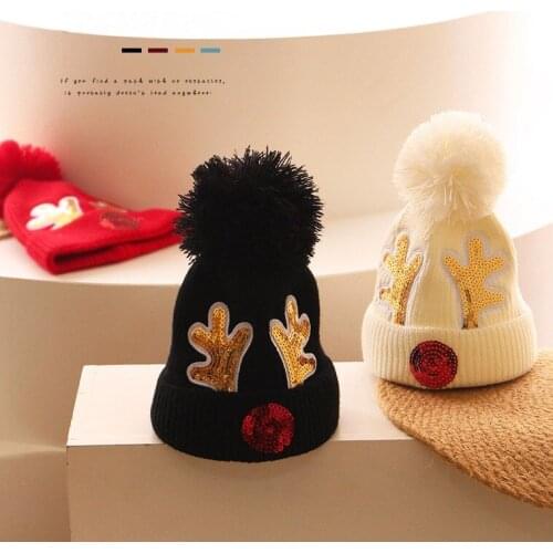 Kids Hat Cartoon Sequined Antlers Childrens Baby Knitted Hats Christmas Beanies Child Boys Girls Korean Winter Warm Fashion Hat