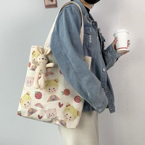 Canvas Handbags Women Shoulder Bags Korean Cute Cartoon Casual Vintage Large-capacity Fashion Harajuku Canvas Bag Shopping Bag