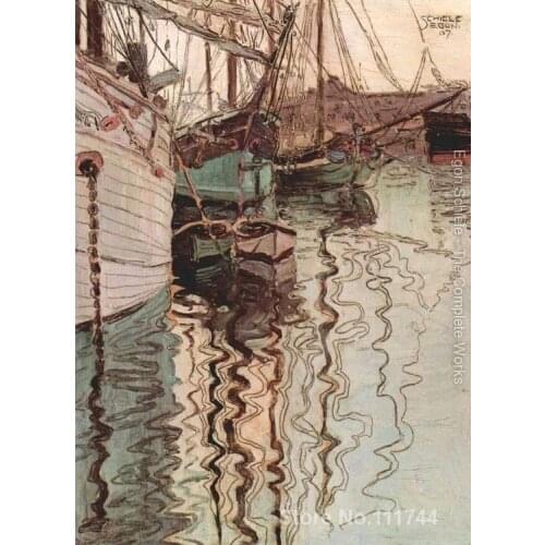 Paintings for living room Sailing ships in the waves exciting water by Egon Schiele Landscape art High quality Hand painted