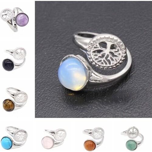 Women Ring Natural Stone Pink Quartz Purple Crystal Opening Rings Life Tree Women Men Opal Bead Adjustable Party Fashion Jewelry