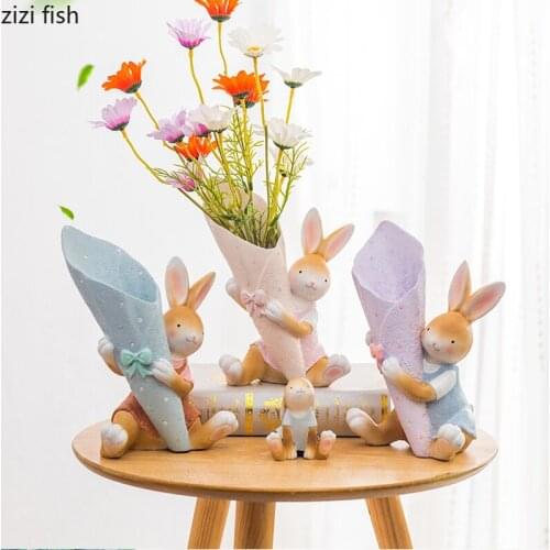 Cute Rabbit Flower Arrangement Resin Vase Dried Flower Vase Decorative Ornaments Crafts Desktop Vases Home Decorations Figurines