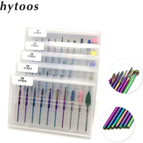 HYTOOS 10Pcs Rainbow Diamond Nail Drill Bit Set 3/32" Milling Cutter for Manicure Rotary Burr Cuticle Bits Drill Accessories