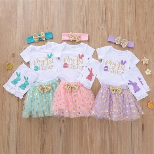 Newborn Baby Girls Easter 4-piece Outfit Set Short Sleeve Romper+Tutu Skirt+Headband+Leg Warmers Set