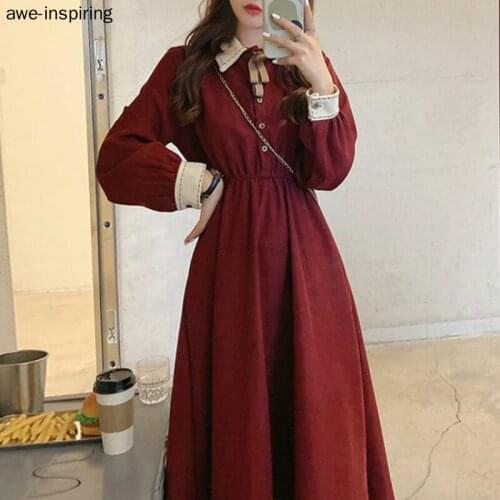 Dress Women Autumn Long Sleeve Retro French Elegant Bow Tie Female Casual Party One-Piece Dress Korean Fairy Vintage Red