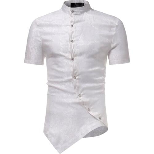 White Paisley Jacquard Tuxedo Shirt Men Stylish Irregular Hem Design Slim Fit Dress Shirts Mens Wedding Party Camisa Masculina