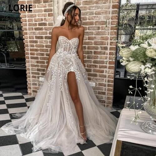 LORIE Sexy Beach Wedding Dresses For Bride Elegant Lace Boho Wedding Gowns Strapless Sleeveless High Split Princess Dresses 2021