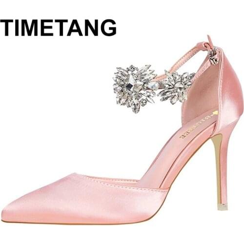 TIMETANG Women Sandals Pink Satin Pointed Toe Evening Date Party Shoes Crystal Flowers Metal Decoration Buckle Strap Summer High