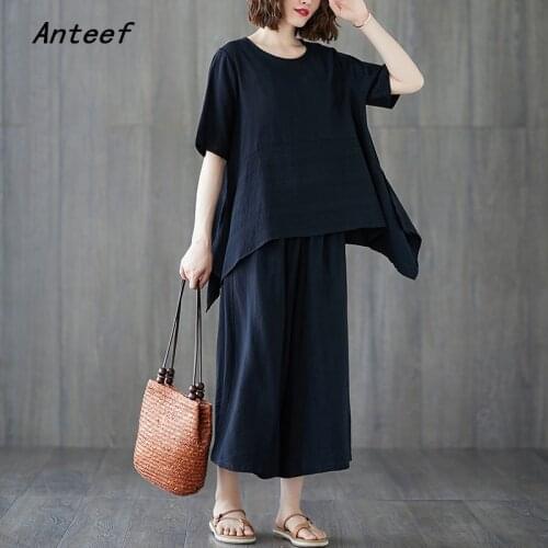 Cotton vintage summer casual 2 two piece set loose tee t shirt women t-shirt ladies tshirt 2021 tops wide leg pants
