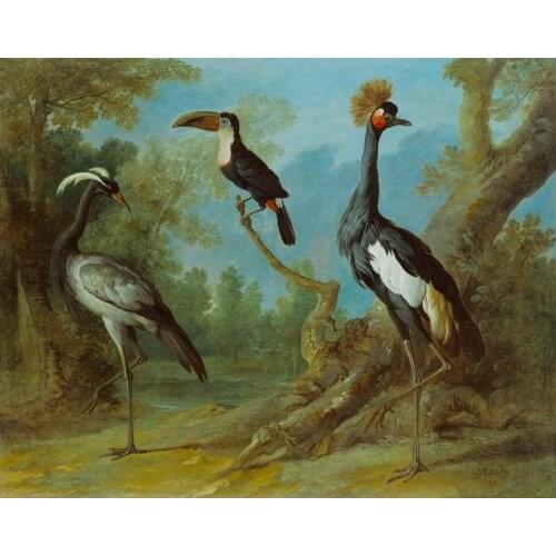 Oil Painting Reproduction,handmade oil painting,demoiselle-crane-toucan-and-tufted-crane-1745 by Jean-Baptiste Oudry,Free DHL