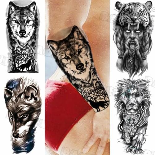 Black Big Wolf Forest Temporary Tattoos For Men Adult Tiger Lion Tribe Realistic Fake Tattoo Unique Animal Half Sleeve Tatoos