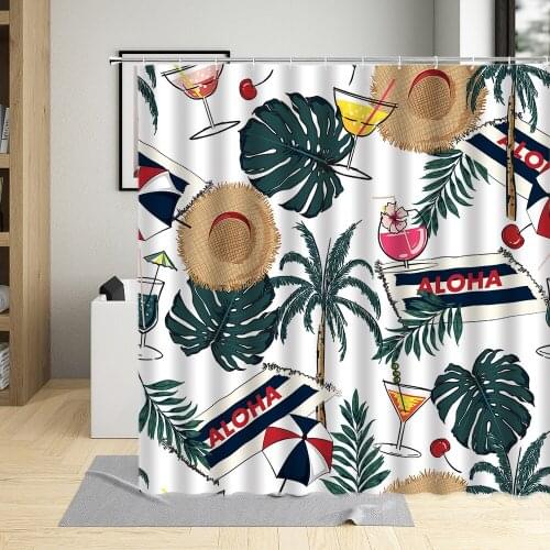Seaside Vacation Shower Curtain Coconut Tree Straw Hat Green Leaf Flamingo Sailboat View Bathroom Band Hook Waterproof Washable