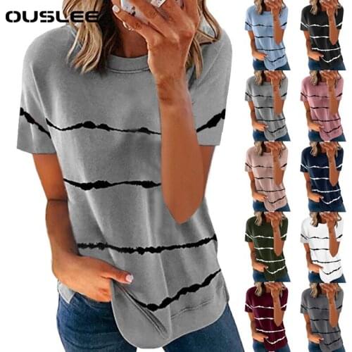 Ouslee Women New Fashion Spring and Summer Tie-dye Printed Striped Loose Short-sleeved T-shirt Plus Size Female Clothing
