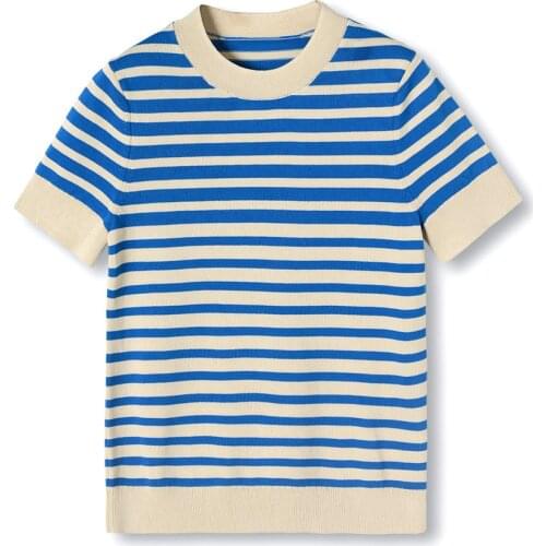 2021 Summer Woman Fashion Gradient Stripe Knitted T Shirt Short Sleeve Navy Style O-neck Casual Sweaters Female Tops