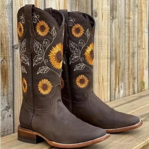 Embroidery Cowboy Boots For Women Autumn Westerm Boots Retro Booties Women Ladies Shoes Botas Mujer