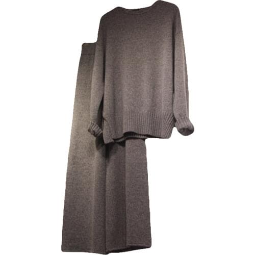 Winter New Knitted Women Sets Solid Gray Casual Home Wear Sweaters and Wide Leg Ankle Length Wide Leg Lady Pant Suits Top Qualit