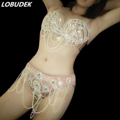 Women Pearls Rhinestones Bikini Sexy Women Crystals Bra Set Nightclub DJ Singer Dancer Pole Dance Costume Party Show Costume