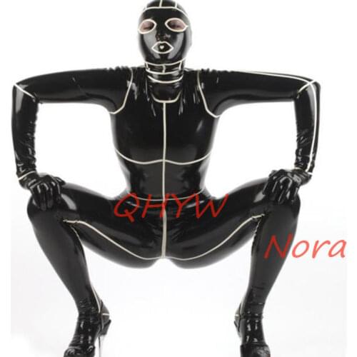 Pure 100% Natural Latex Woman Body Catsuit with Hood Costume Adult Black with White Bodysuits Customize Size