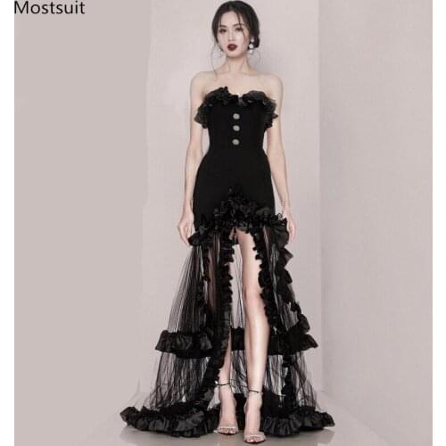 Summer Elegant Runway Party Dress For Women Strapless Black Long Sexy Dresses Mesh Patchwork Bodycon Evening Dress 2021