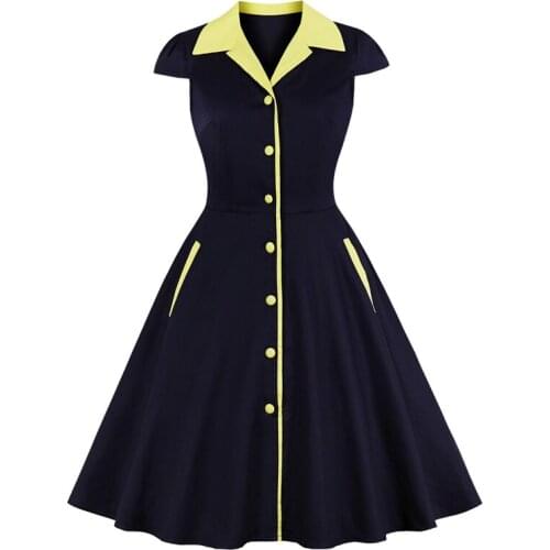 2021 Contrast Collar Button Up Rockabilly Vintage Cotton Dresses 50S 60S Retro Women Cap Sleeve Summer Pockets Elegant Dress