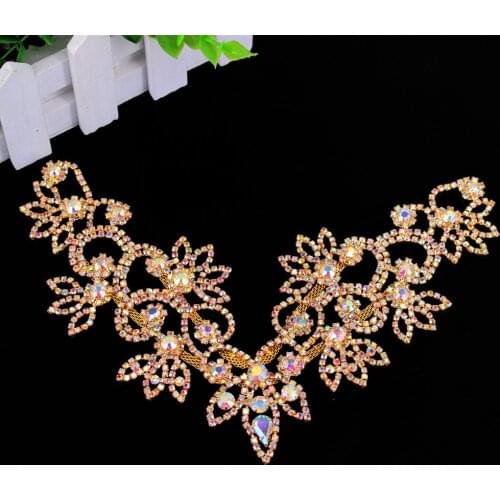 High Quality Gold Ab Crystal collar Rhinestone sew-on necklace adornment for Wedding Dress Skirt Flashing Clothing Accessories