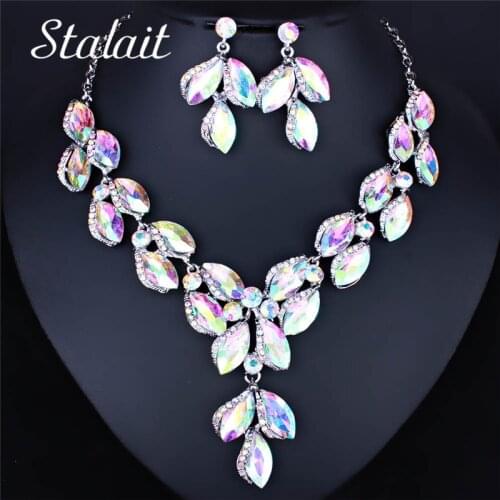 6 Colors Leaf Crystal Choker Silver Color Necklace Earrings Jewelry Sets For Women Girl Fashion Prom Bridal Wedding Jewelry Sets