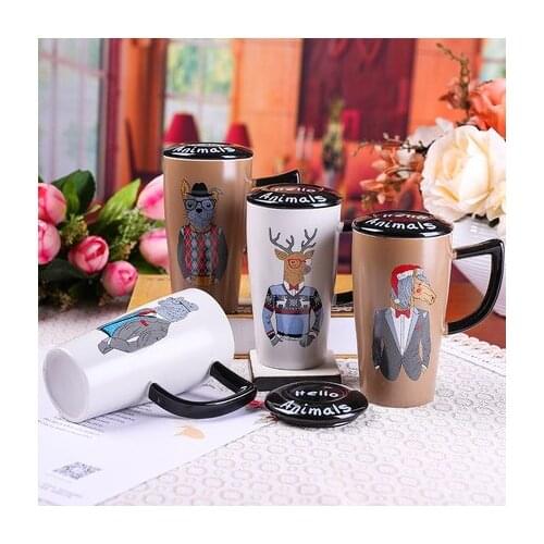 500ml American Creative Ceramic mugs Large Capacity Milk Coffee mugs with cover Ceramic Animals Mugs Cartoon Dolls Couple cup