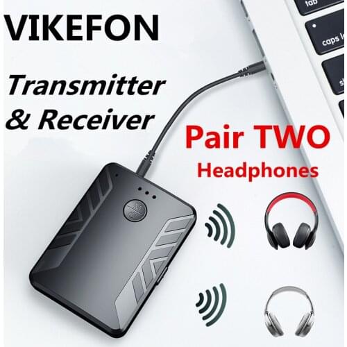 Bluetooth 5.0 Audio Transmitter Receiver Pair with TWO Bluetooth Headphones 3.5mm AUX RCA Wireless Adapter for TV PC Car Speaker