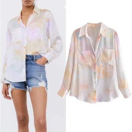 Za Satin Blouses Tops Women 2021 Summer Tie Dye Shirt Woman Long Sleeve Top Chic Buttons Casual Clothing Pocket Female Shirt
