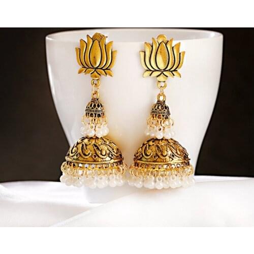 Ethnic Womens Big Gold Color Dangle Earrings Jhumka Indian Earrings Orecchini Donna Vintage Lantern Pearl Tassel Palace Earring