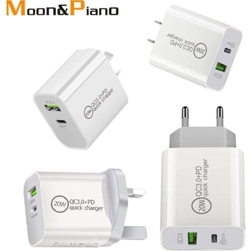EU UK US AU Charger PD20W 18W USB Type-c Dual Ports Adapter Plug Travel Wall QC3.0 Fast Charging Mobile Phone Chargers