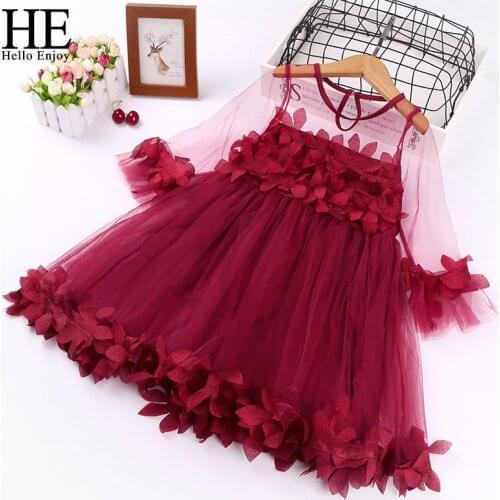 HE Hello Enjoy Elegant Flower Girls Dress Wedding Party Princess Dress Casual Kids Clothes Lace Long Sleeves Dress For 3-8T