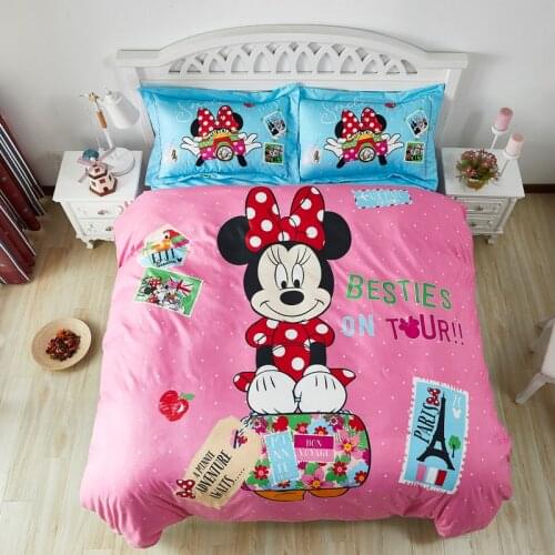 Disney Cute Cartoon Minnie Mouse Bedding Blue and Pink Duvet Set Queen Size Home Textile for Kids As A Birthday Gift for Girls