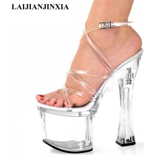 LAIJIANJINXIA Womens Platform Clear Ankle Strap Sandals Wedding Party Model Shoes Sexy Star Evening 18 CM High Heels Sandals