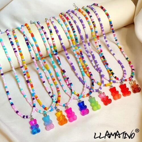 Korean Candy Color Gummy Bear Pendant Beads Strand Necklace For Women Bohemian Acrylic Rainbow Beaded Necklaces Jewelry New Gift