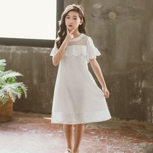 2021 Girls Dress Elegant Summer Lace Hollow Princess Dress White Kids Dresses for Girls Childrens Clothing 6 8 10 12 14 16Y