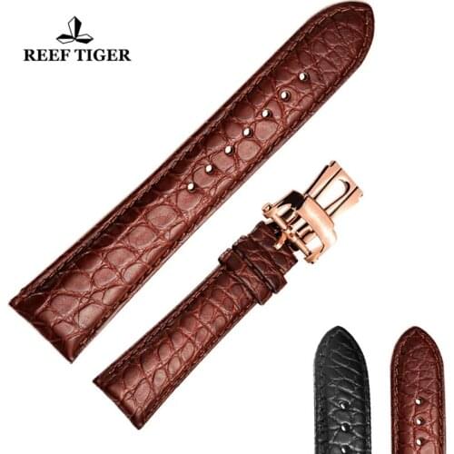Reef Tiger/RT 22 mm Watch Band Alligator Strap for Men Brown Black Genuine Leather Watch Strap