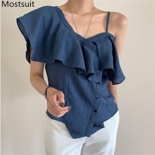 Chic Stylish Ruffles Women Blouse Shirt Summer Asymmetrical Single Breasted Spaghetti String Shirt Korean Solid Fashion Blusas