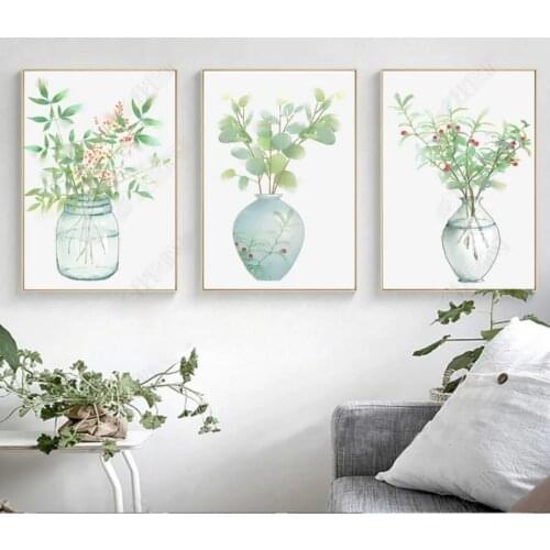 Ins Modern Simple Watercolor Plant Vase Nordic Decorative Painting Triple Painting Frameless Painting Wall Art Canvas Poster