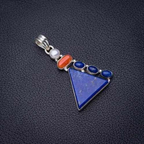 StarGems Natural Lapis Lazuli Red Coral And River Pearl Handmade 925 Sterling Silver Pendant 1.75" E4050