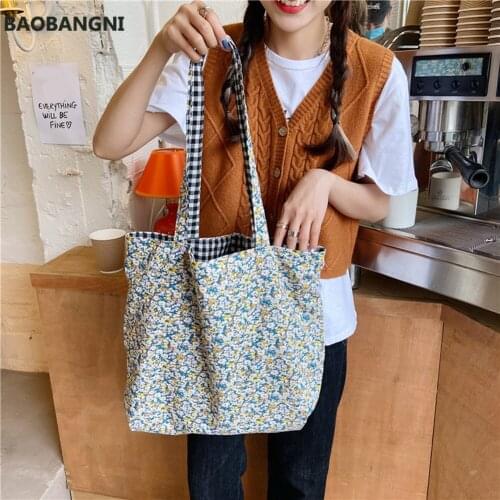 Women Spring Floral Plaid Print Shopping Handbags Casual Cloth Food Picnic Lunch Handbags Ladies Large Capacity Shoulder Bags