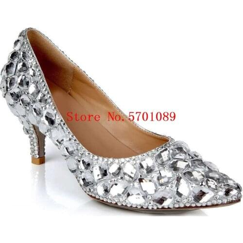 Wedding Shoes Pointed Toe Sparkling Glass Drill Bridesmaid Shoes Genuine Leather Rhinestone Crystal Silver 65mm Heel Pumps 35-41
