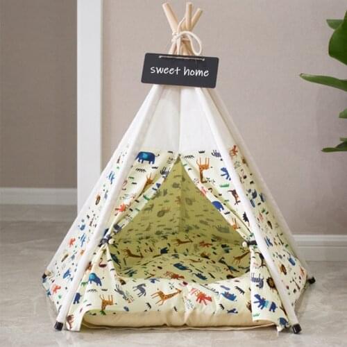 Pet Teepee Giraffe Pattern Prints Dog Tent for Puppy Cat Premium Canvas Pine Poles Portable Folding Pet Tents House with Cushion