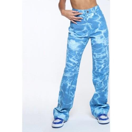 Women Stylish Blue Ripple Pattern Straight Jeans High Waist Wild Streetwear Denim Trousers 2021 Casual Trendy Female Pants