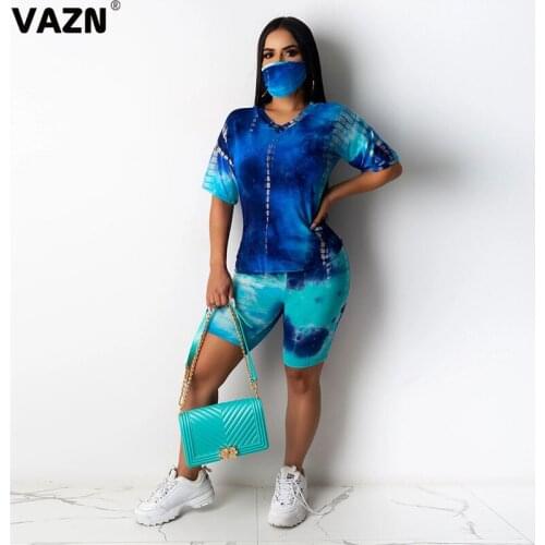 VAZN 2020 Sexy Tie Dye Two Piece Set O-neck Bandage Fitness 2 Piece Set Women Short Sleeve Summer Holiday Sets