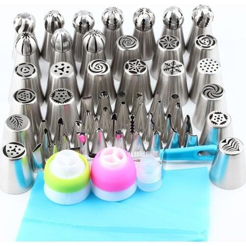 1 Nail 3 Coupler 1 Brush 1 Nozzles Bag Kitchen Tools+59Pcs Nozzle Spherical Stainless Steel Icing Piping Russian Tips Pastry Set