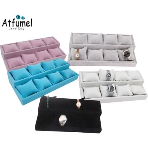 2 Layer Velvet Watch Jewelry Display Tray Bracelet Bangle Storage Box Trapezoidal Chain Jewelry Organizer Pillow Tray Showcase