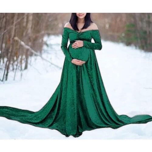2021 European And American Autumn Winter Women Gold Velvet Pregnant Women v-Neck Tail-Length Dress Photography Dress Vestidos