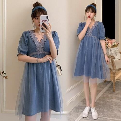 40768# Maternity Dress Summer Cotton Short Sleeves Loose Midi Gauze Patchwork Dress Plus Size Pregnancy Pregnant Women Mom Dress